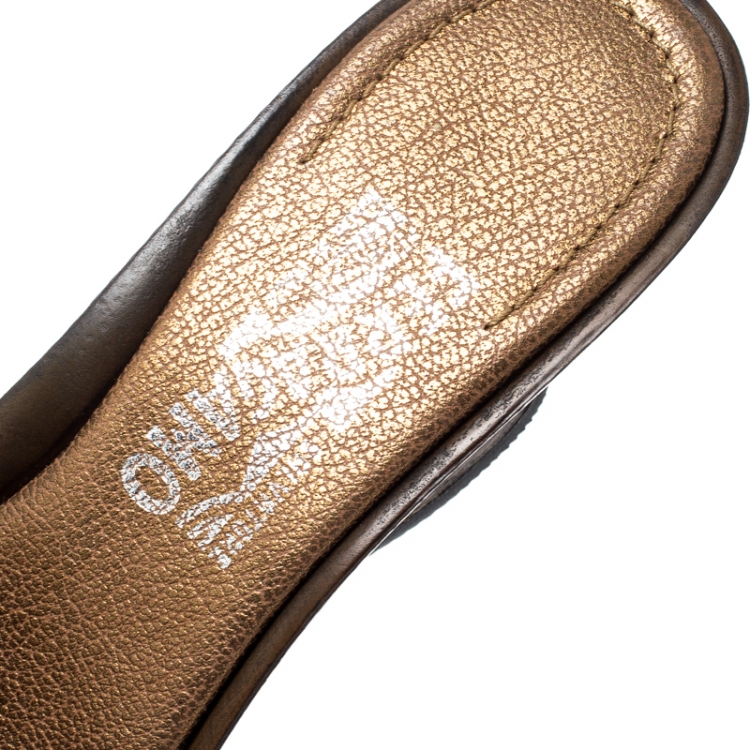 Pre Owned Salvatore Ferragamo Metallic Gold Python Leather Open Toe Wedge Slides Size 38.5