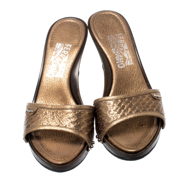 Pre Owned Salvatore Ferragamo Metallic Gold Python Leather Open Toe Wedge Slides Size 38.5
