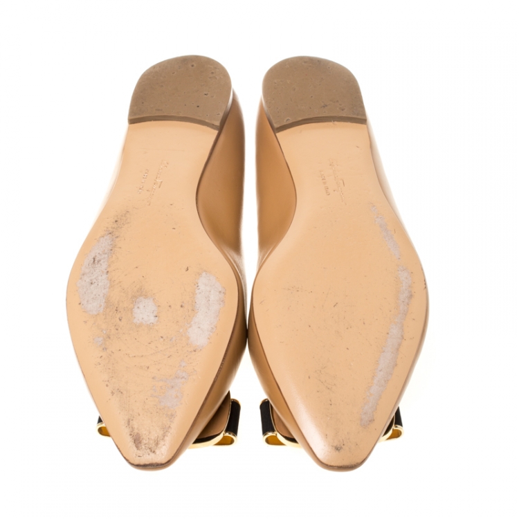 Pre Owned Salvatore Ferragamo Brown Leather And Pony Hair Bow Ballet Flats Size 39.5 