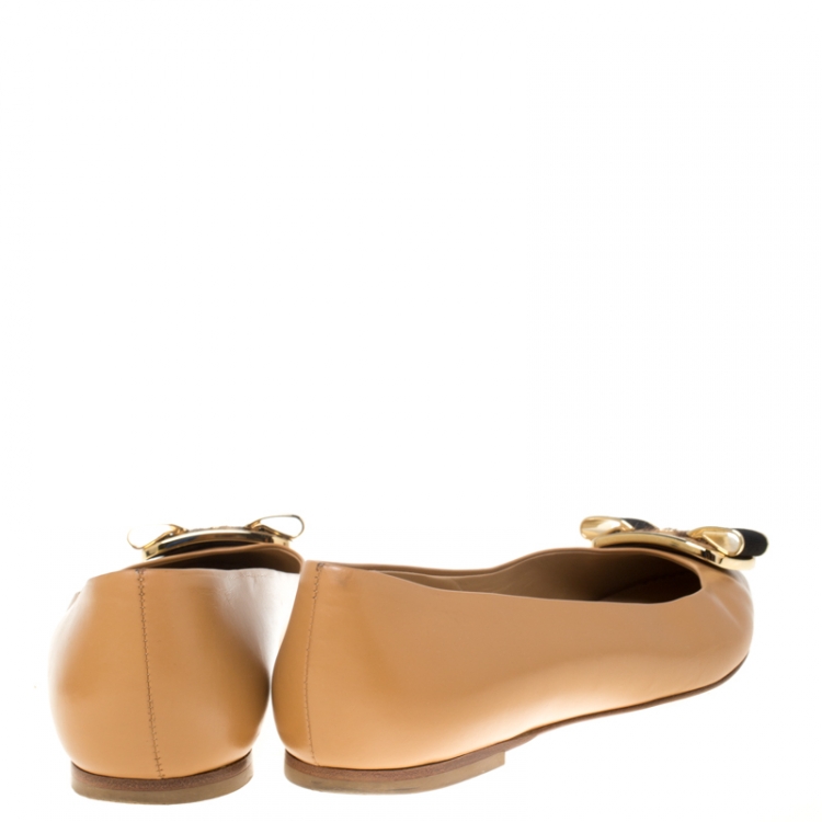 Pre Owned Salvatore Ferragamo Brown Leather And Pony Hair Bow Ballet Flats Size 39.5 