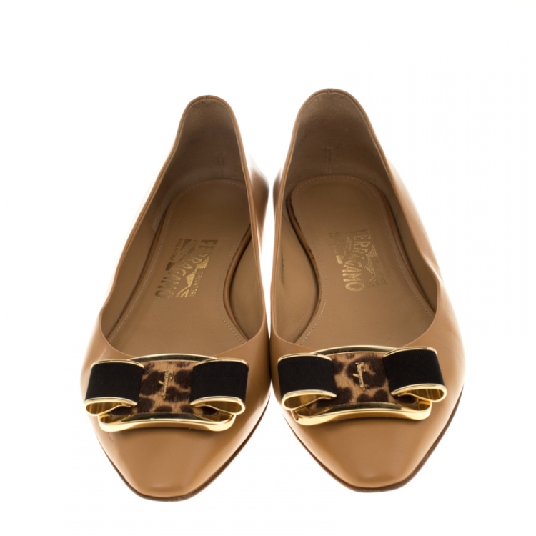 Pre Owned Salvatore Ferragamo Brown Leather And Pony Hair Bow Ballet Flats Size 39.5 