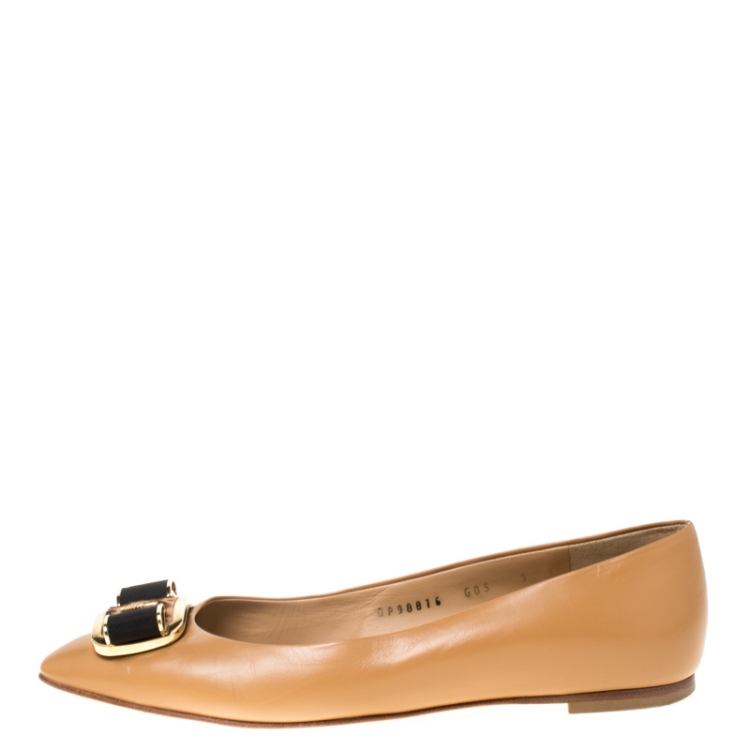 Pre Owned Salvatore Ferragamo Brown Leather And Pony Hair Bow Ballet Flats Size 39.5 