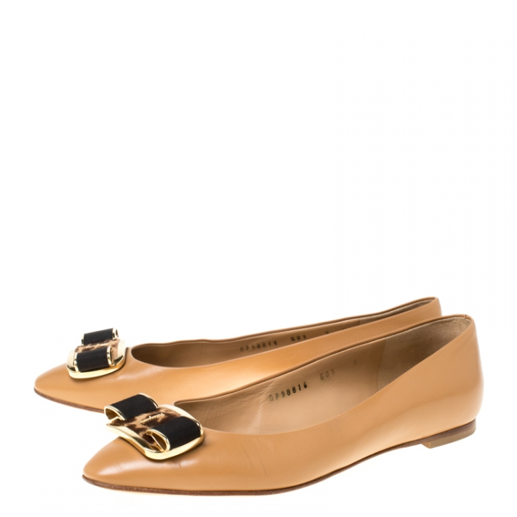 Pre Owned Salvatore Ferragamo Brown Leather And Pony Hair Bow Ballet Flats Size 39.5 