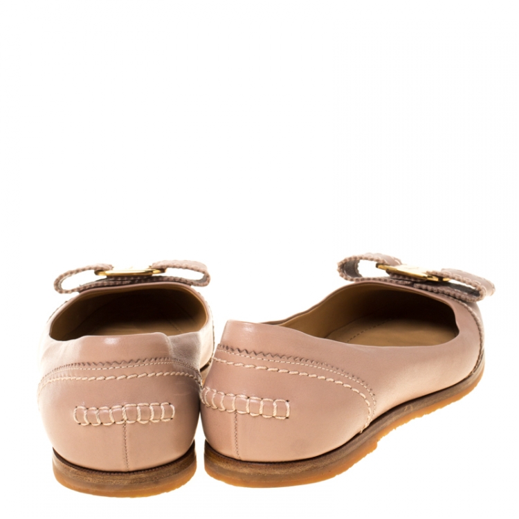 Pre Owned Salvatore Ferragamo Beige Leather Vara Bow Ballet Flats Size 36 