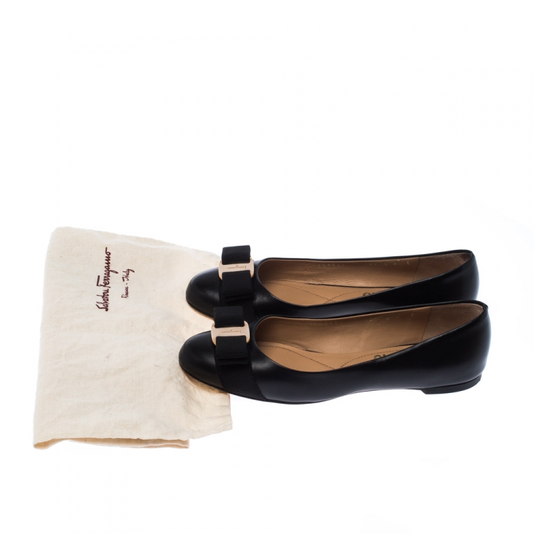 Pre Owned Salvatore Ferragamo Black Leather Vara Bow Ballet Flats Size 35