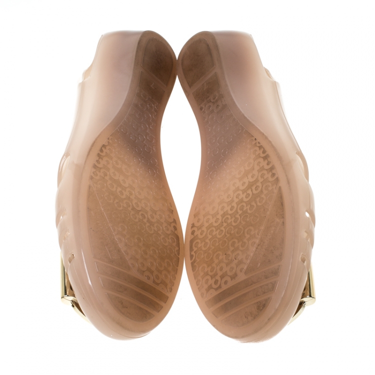 Pre Owned Salvatore Ferragamo Beige PVC Bermuda Ballet Flats Size 37.5