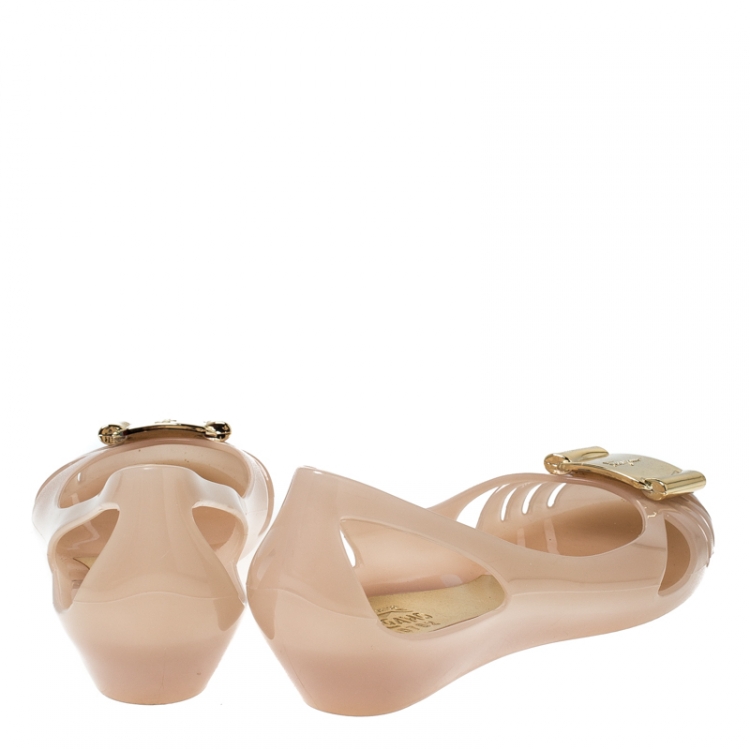 Pre Owned Salvatore Ferragamo Beige PVC Bermuda Ballet Flats Size 37.5