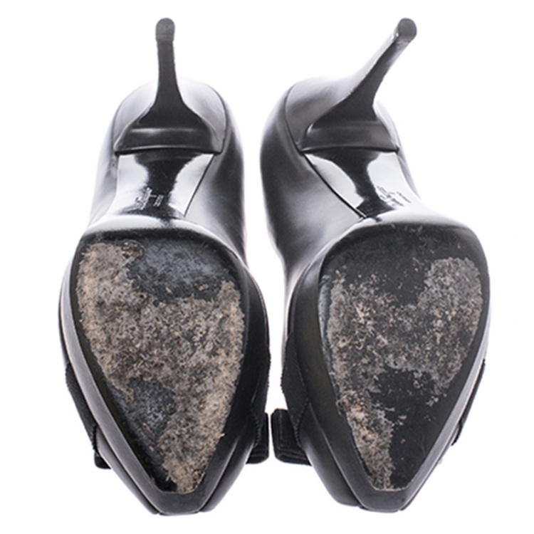 Pre Owned Salvatore Ferragamo Black Leather Carla Bow Peep Toe Platform Pumps Size 39.5