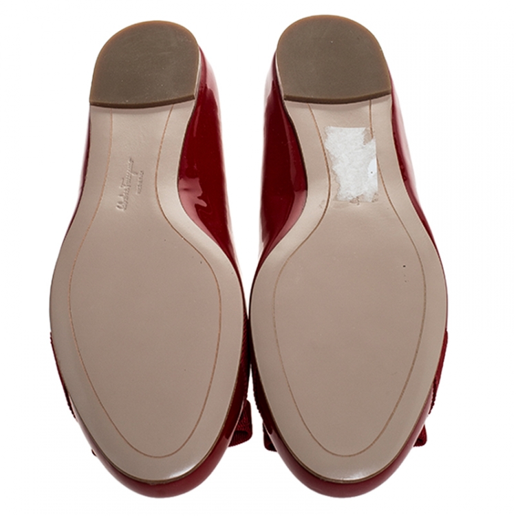 Pre Owned Salvatore Ferragamo Red Patent Leather Varina Bow Ballet Flats Size 41
