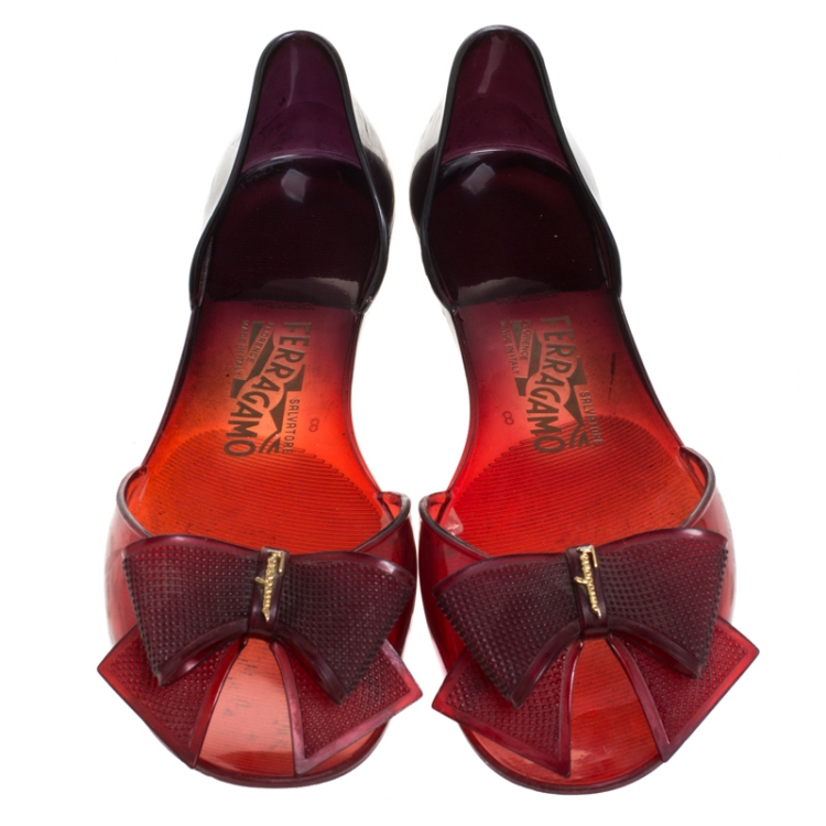 Pre Owned Salvatore Ferragamo Two Tone Zaffiro Jelly Preita Bow Flats Size 38.5