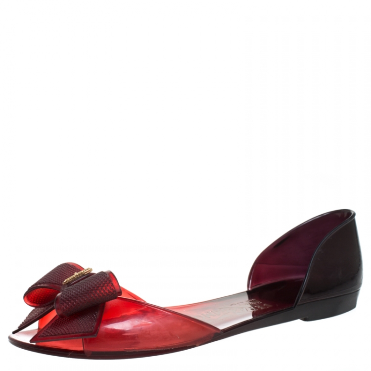 Pre Owned Salvatore Ferragamo Two Tone Zaffiro Jelly Preita Bow Flats Size 38.5