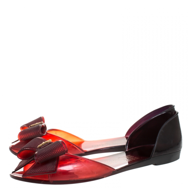 Pre Owned Salvatore Ferragamo Two Tone Zaffiro Jelly Preita Bow Flats Size 38.5
