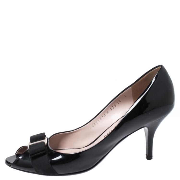 Salvatore Ferragamo Black Patent Leather Vara Bow Peep Toe Pumps