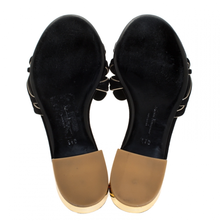 Pre Owned Salvatore Ferragamo Black Suede Cutout Flat Slide Sandals Size 37