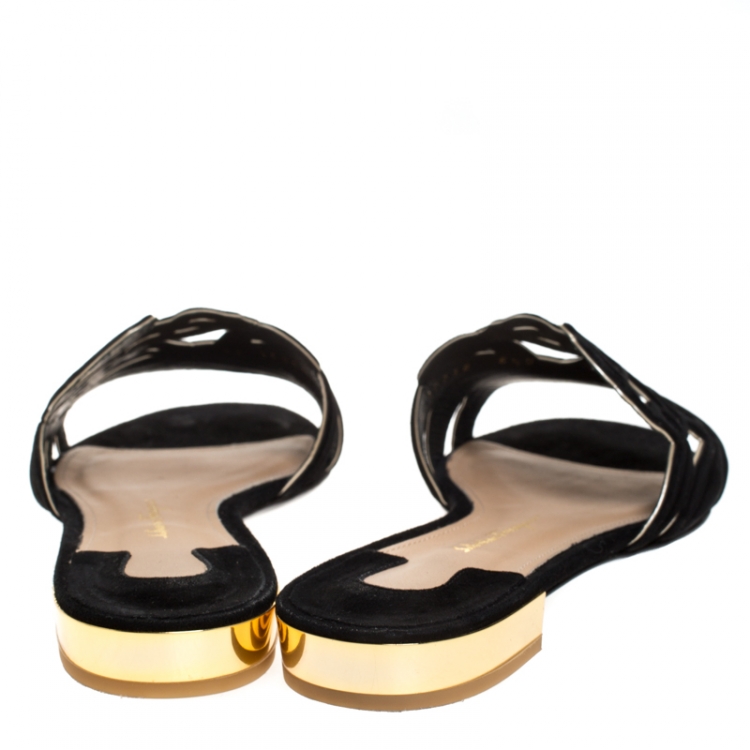 Pre Owned Salvatore Ferragamo Black Suede Cutout Flat Slide Sandals Size 37