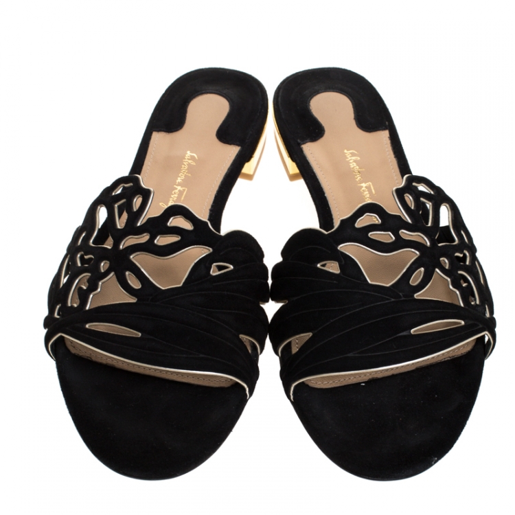 Pre Owned Salvatore Ferragamo Black Suede Cutout Flat Slide Sandals Size 37