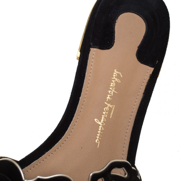 Pre Owned Salvatore Ferragamo Black Suede Cutout Flat Slide Sandals Size 37
