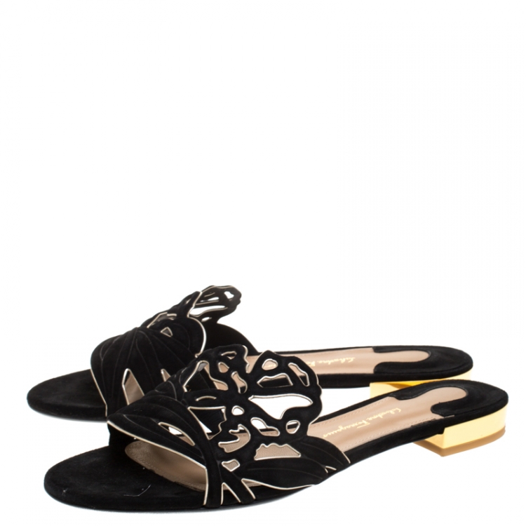 Pre Owned Salvatore Ferragamo Black Suede Cutout Flat Slide Sandals Size 37