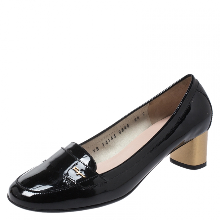 Pre Owned Salvatore Ferragamo Black Patent Leather Loafer Pumps Size 37