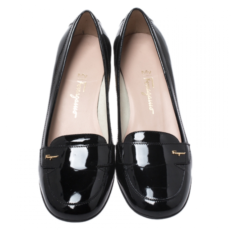 Pre Owned Salvatore Ferragamo Black Patent Leather Loafer Pumps Size 37