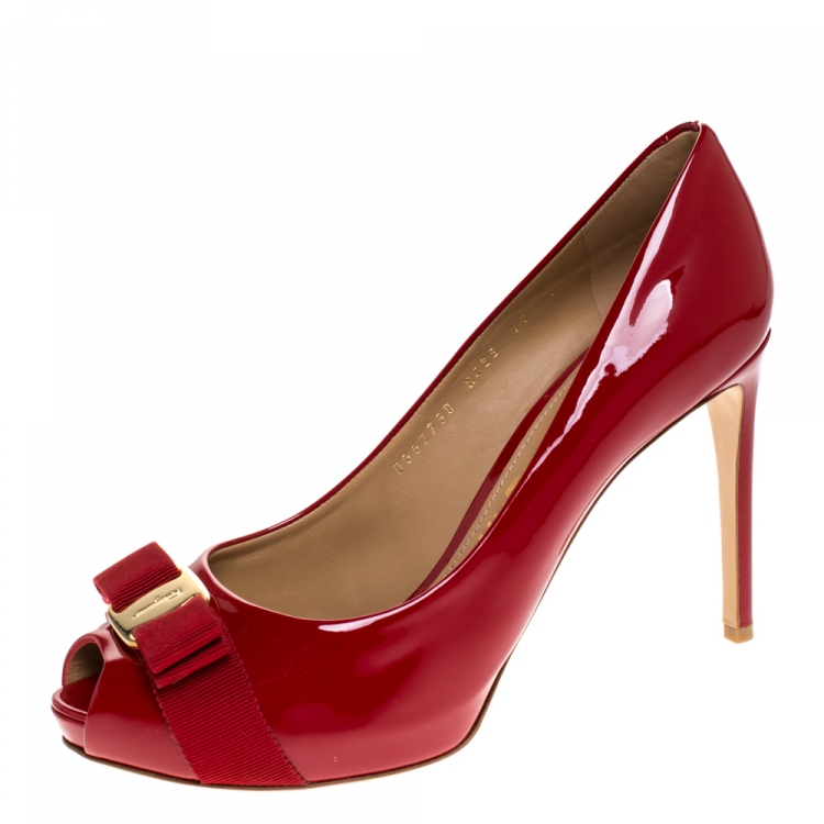 red patent peep toe shoes