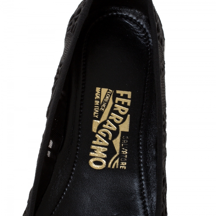 Pre Owned Salvatore Ferragamo Black Lace and Leather Rufina Flats Size 39.5