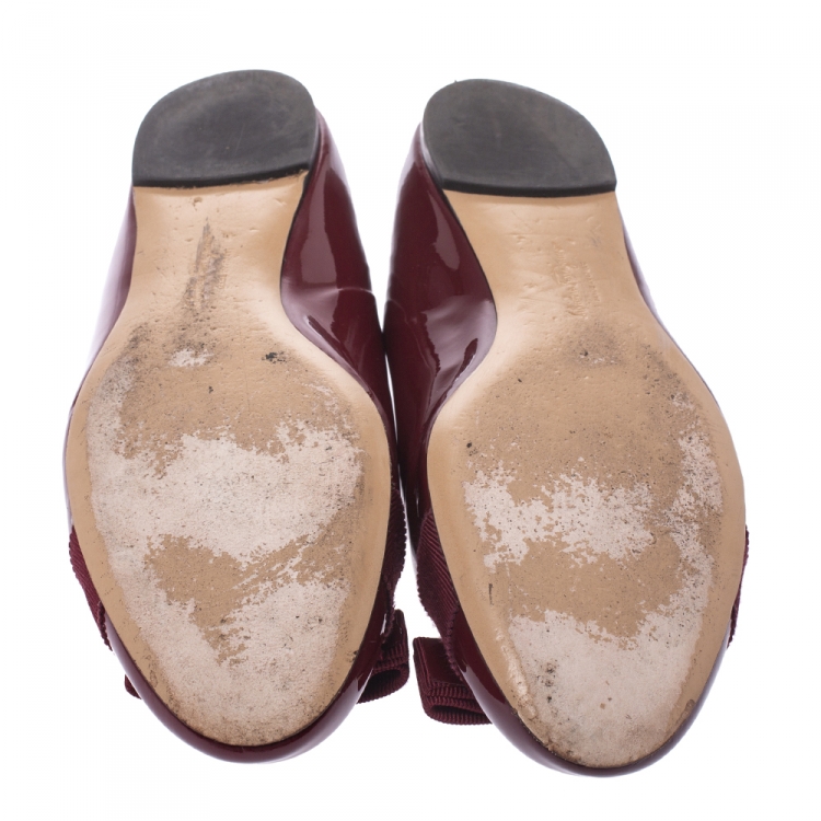 Pre Owned Salvatore Ferragamo Maroon Patent Leather Vara Bow Ballet Flats Size 38.5