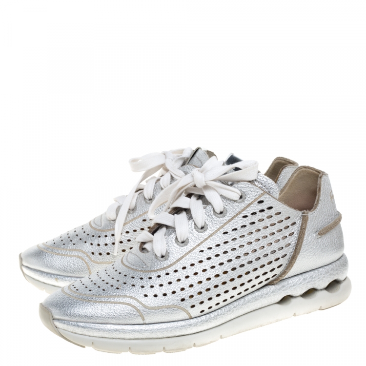 Pre Owned Salvatore Ferragamo Silver Perforated Leather Gils Sneakers Size 37.5