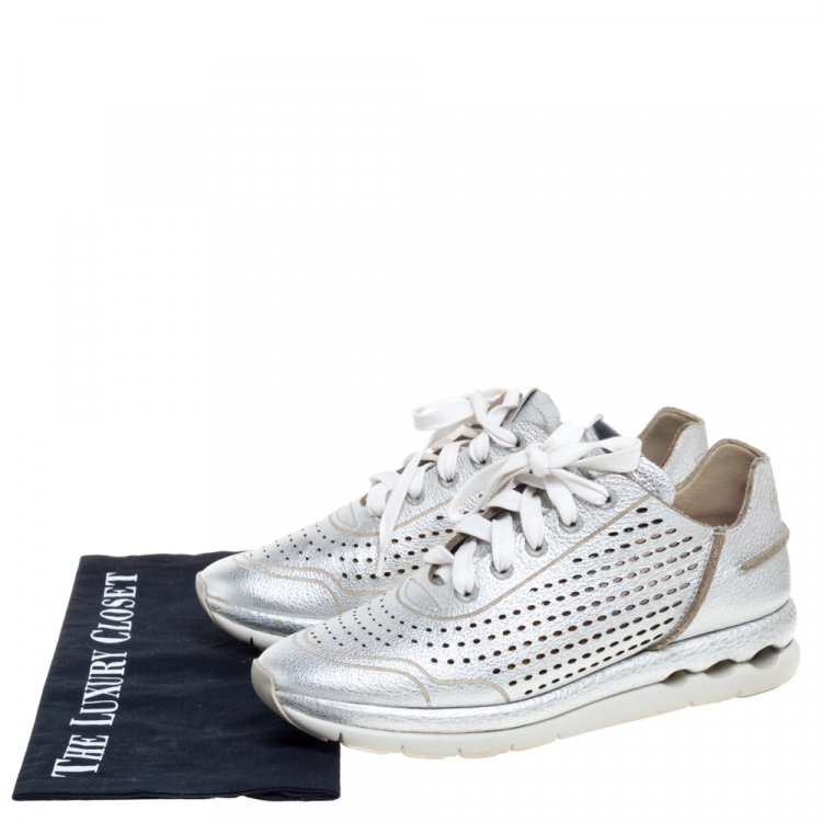 Pre Owned Salvatore Ferragamo Silver Perforated Leather Gils Sneakers Size 37.5