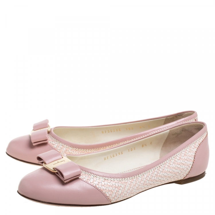 Pre Owned Salvatore Ferragamo Pink/White Leather Vara Bow Slip On Flats Size 39