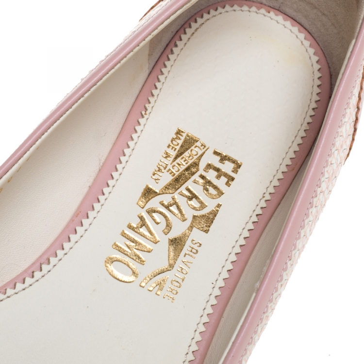 Pre Owned Salvatore Ferragamo Pink/White Leather Vara Bow Slip On Flats Size 39