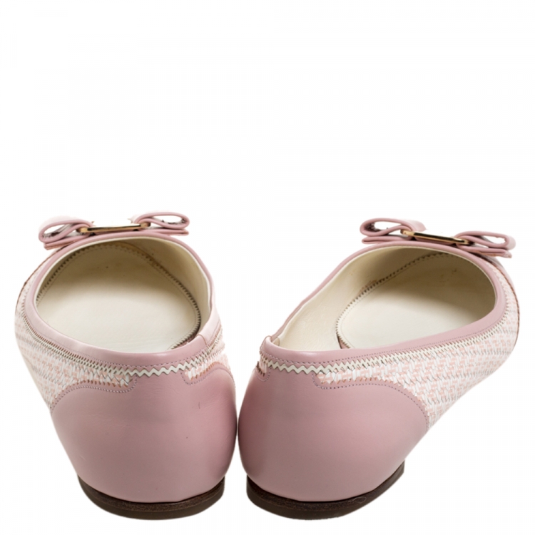 Pre Owned Salvatore Ferragamo Pink/White Leather Vara Bow Slip On Flats Size 39