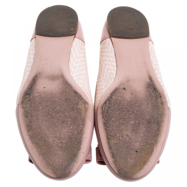Pre Owned Salvatore Ferragamo Pink/White Leather Vara Bow Slip On Flats Size 39