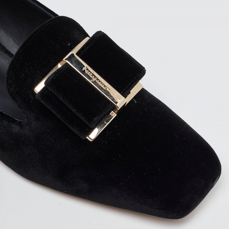 Pre Owned Salvatore Ferragamo Black Velvet Viva Bow Ballet Flats Size 39.5
