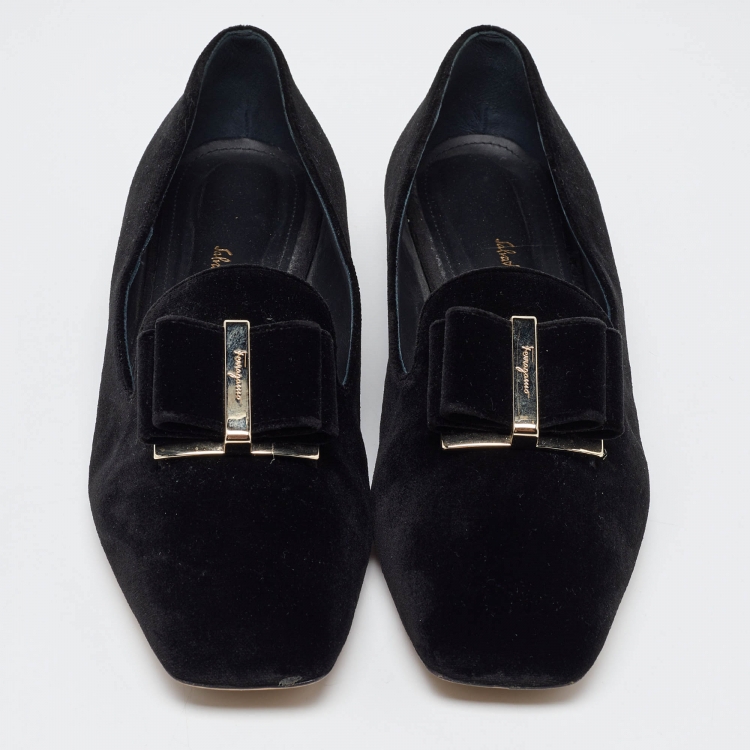 Pre Owned Salvatore Ferragamo Black Velvet Viva Bow Ballet Flats Size 39.5