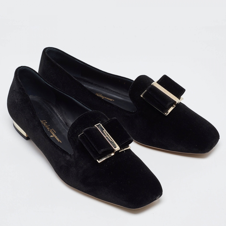 Pre Owned Salvatore Ferragamo Black Velvet Viva Bow Ballet Flats Size 39.5
