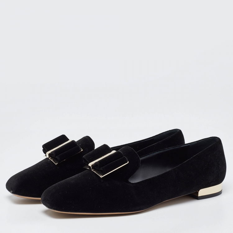 Pre Owned Salvatore Ferragamo Black Velvet Viva Bow Ballet Flats Size 39.5