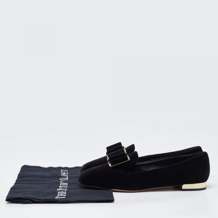 Pre Owned Salvatore Ferragamo Black Velvet Viva Bow Ballet Flats Size 39.5