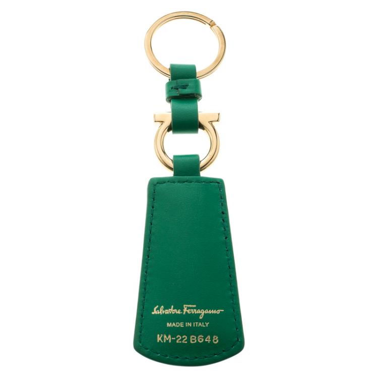 Pre Owned Salvatore Ferragamo Green Leather Gold Tone Key Ring