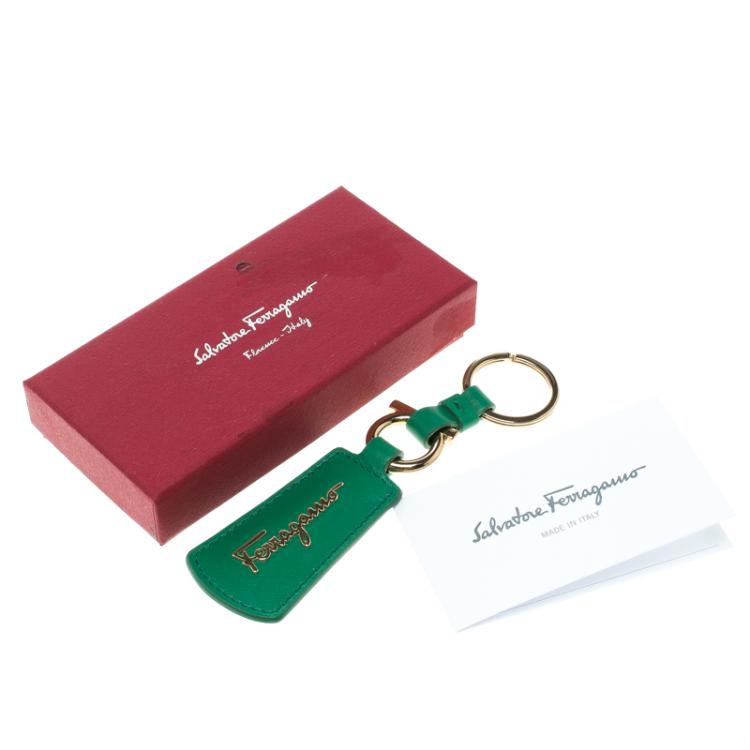 Pre Owned Salvatore Ferragamo Green Leather Gold Tone Key Ring