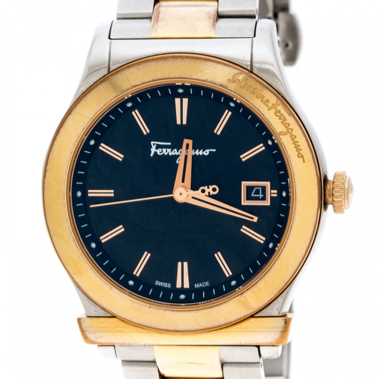 Pre Owned Salvatore Ferragamo Black Sunray Two Tone Stainless Steel F62 Women's Wristwatch 40MM