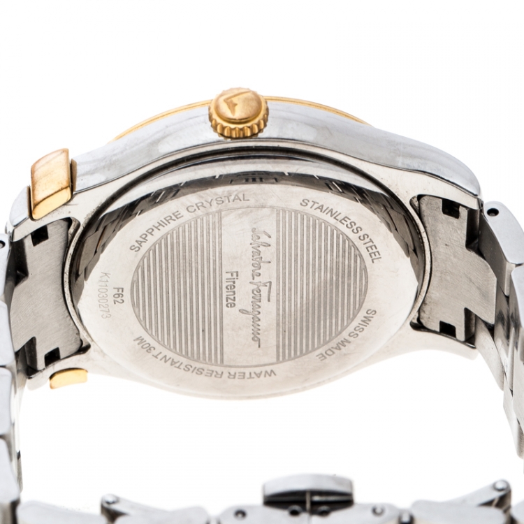 Pre Owned Salvatore Ferragamo Black Sunray Two Tone Stainless Steel F62 Women's Wristwatch 40MM