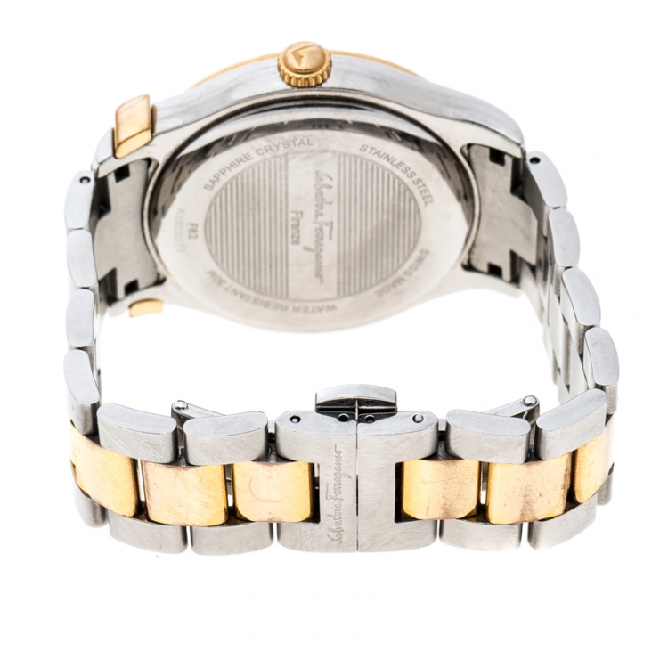 Pre Owned Salvatore Ferragamo Black Sunray Two Tone Stainless Steel F62 Women's Wristwatch 40MM
