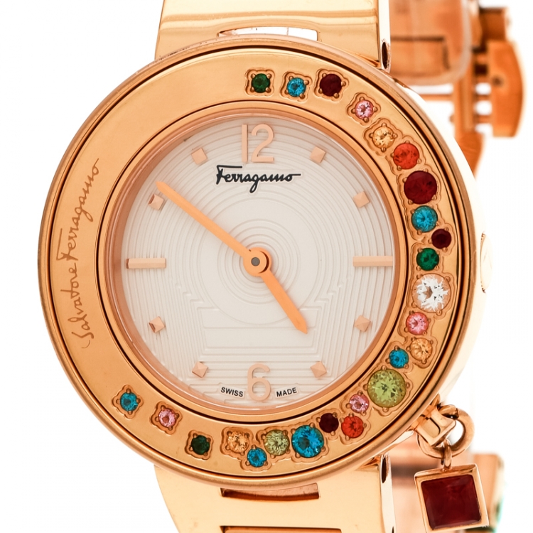 Pre Owned Salvatore Ferragamo White Rose Gold Plated Steel Gancino FF5 Women's Wristwatch 36 mm