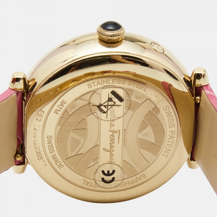 Pre Owned Salvatore Ferragamo Cuore Beating Heart Gold Tone Stainless Steel Leather FE2040016 Women's Wristwatch 39 MM