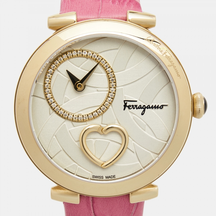 Pre Owned Salvatore Ferragamo Cuore Beating Heart Gold Tone Stainless Steel Leather FE2040016 Women's Wristwatch 39 MM