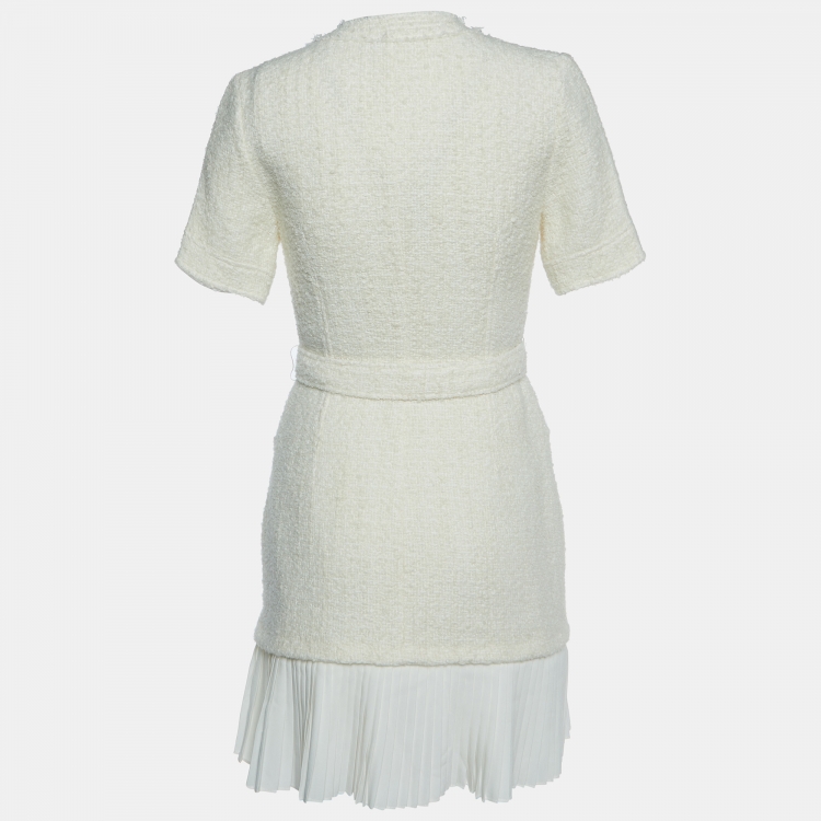 Pre Owned Sandro Off White Tweed Pleated Hem & Belted Mini Dress S