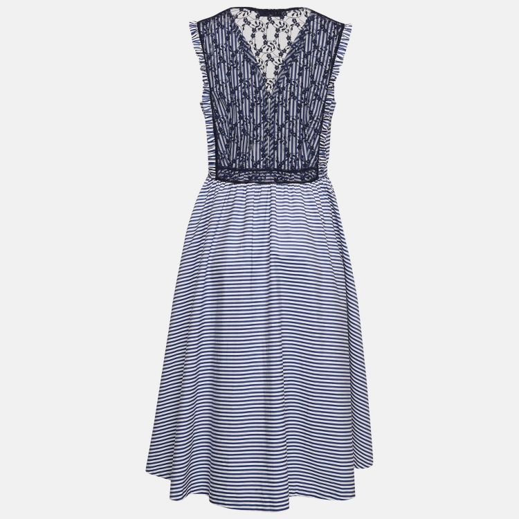 Sandro Blue Stripe Lace Trim Cotton Mid Dress L Sandro | TLC