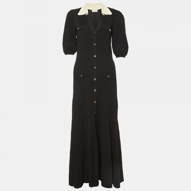 Pre Owned Sandro Black Ribbed Knit Collared Long Dress L