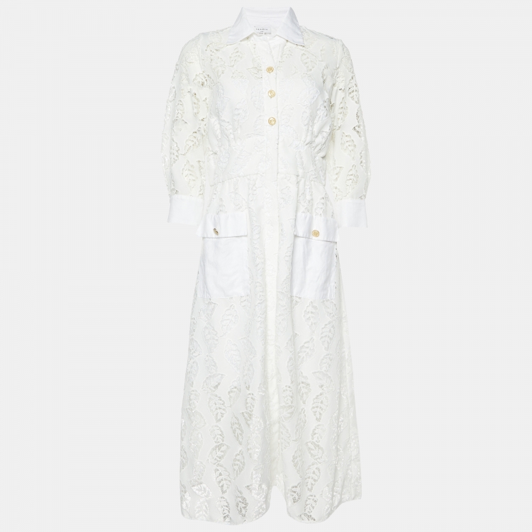 Pre Owned Sandro White Embroidered Lace Midi Dress L